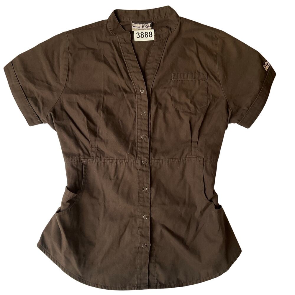 Scrubs by USA Women Nurse Shirt size S Short Sleeve Button Down V-neck Brown